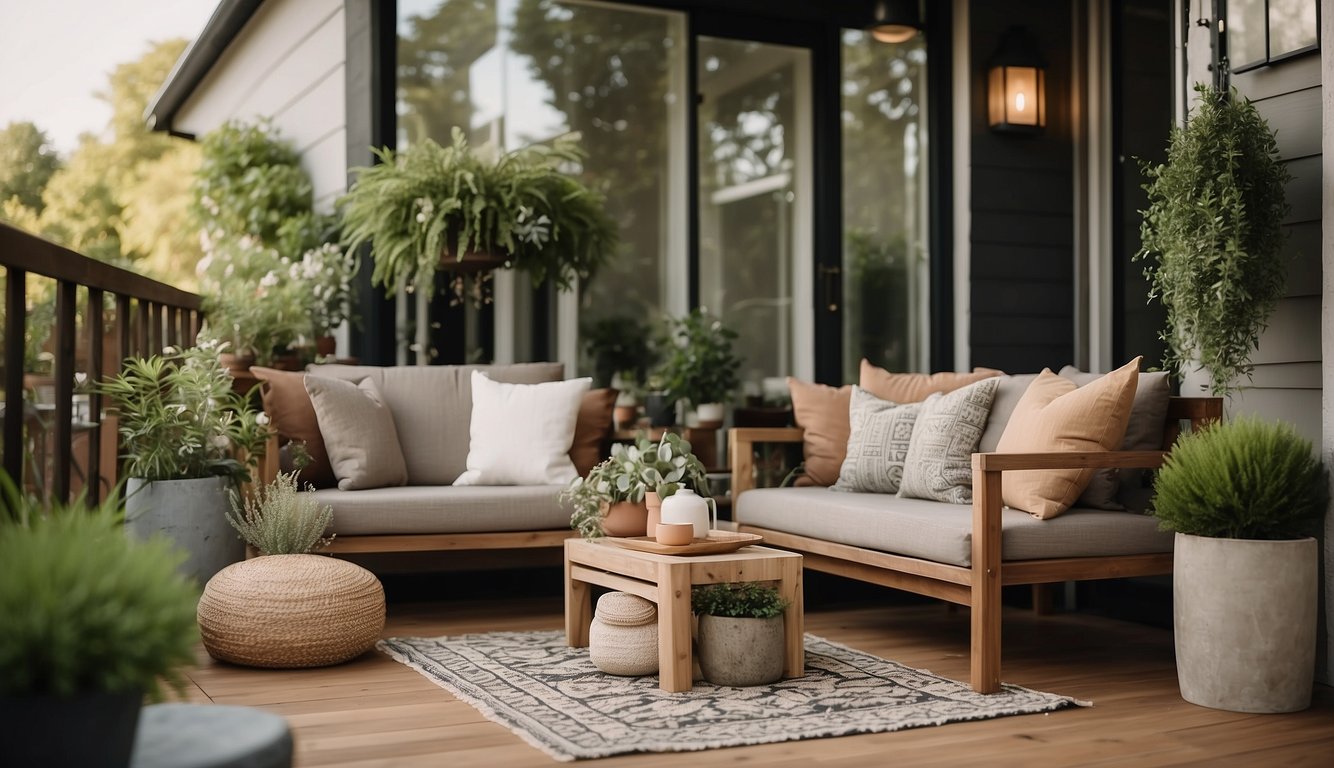 A small porch with 10 cozy seating arrangements, including cushions, throws, and plants, creating a warm and inviting atmosphere