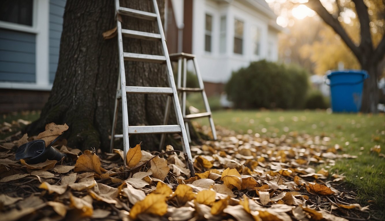 A ladder leaning against a house, a bucket and scoop for debris, and a pair of gloves laying nearby. The trees are shedding leaves, indicating it's time for gutter cleaning