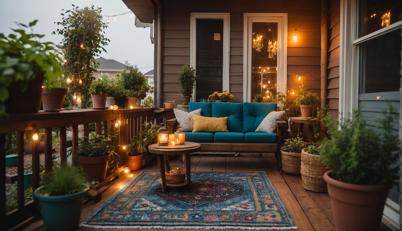 A small porch adorned with string lights, potted plants, and cozy seating. A colorful rug and throw pillows add warmth, while a small table holds a collection of books and a steaming cup of tea