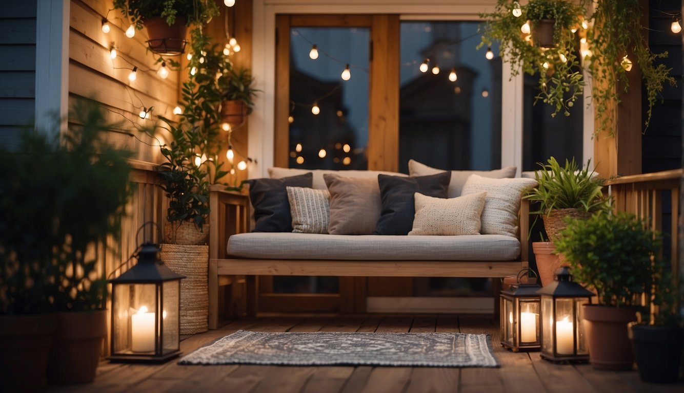A small porch with string lights, potted plants, cozy seating, a rug, throw pillows, a small side table, a lantern, a wind chime, and privacy screens