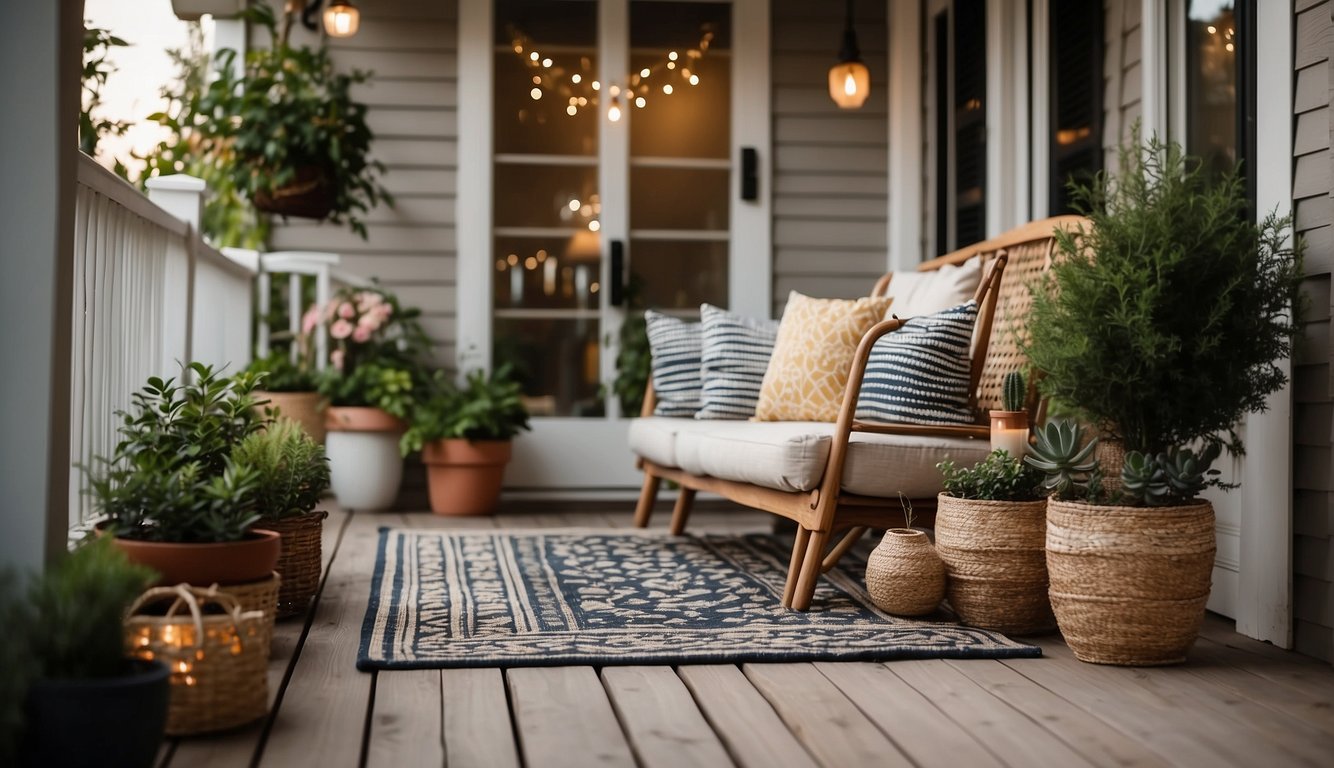 A small porch with potted plants, hanging baskets, cozy seating, string lights, a small rug, decorative pillows, a side table, a small lantern, a decorative wall hanging, and a welcome mat
