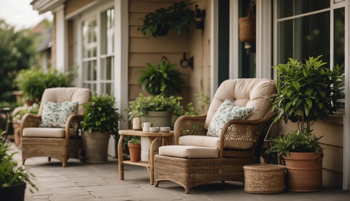 A small porch with cozy chairs, a side table, potted plants, and soft lighting creates a welcoming outdoor ambience for relaxation