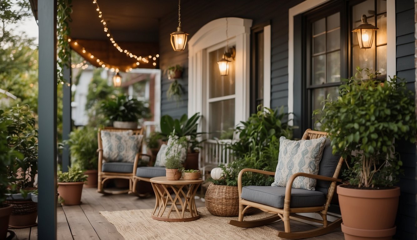 A small porch with a cozy seating area, including a bistro set, hanging swing chair, potted plants, and string lights creating a relaxing outdoor space