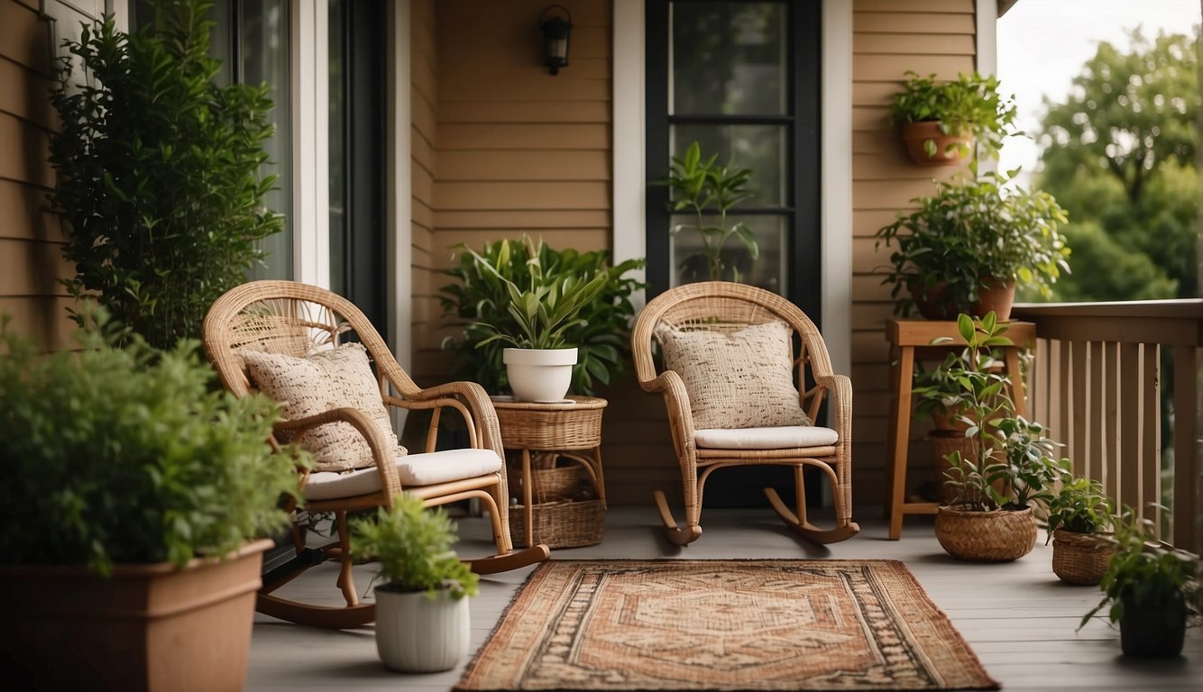A small porch with cozy furniture: a rocking chair, side table, potted plants, and a decorative rug. Soft lighting and a small outdoor heater add warmth for relaxing