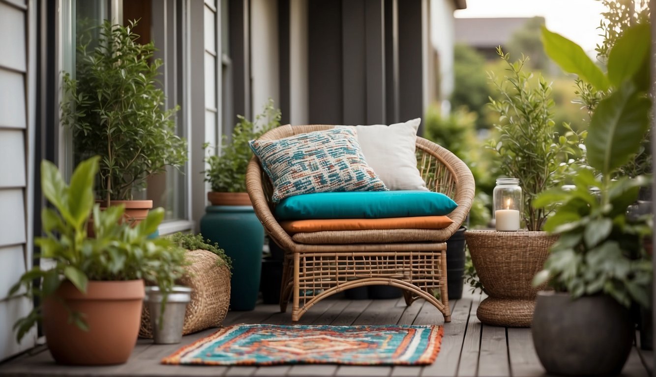A small porch with a cozy rattan chair, a wooden side table, a potted plant, a colorful outdoor rug, and soft outdoor cushions