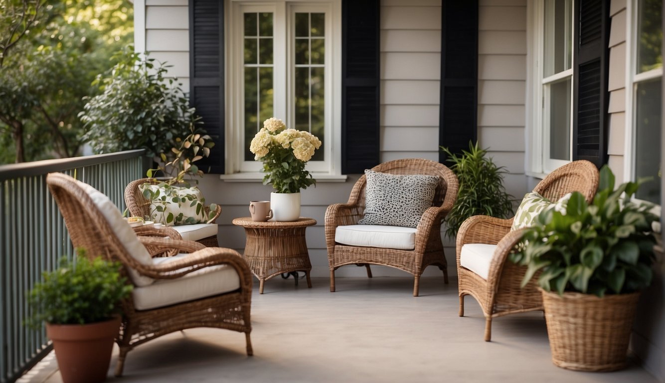 A cozy porch with a wicker loveseat, two armchairs, a small coffee table, and a potted plant. The setting is inviting and perfect for outdoor relaxation