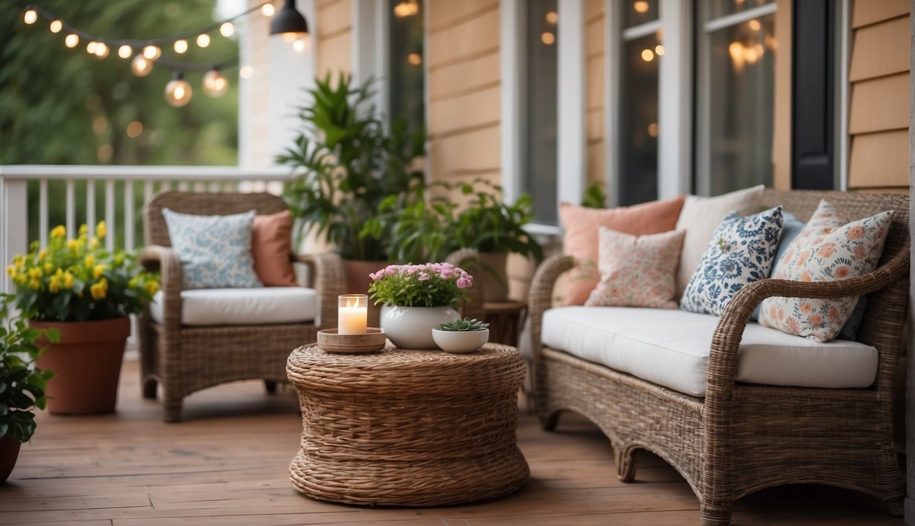 A porch with cozy furniture, bright cushions, potted plants, and string lights. A small table with a vase of fresh flowers. A warm, inviting atmosphere