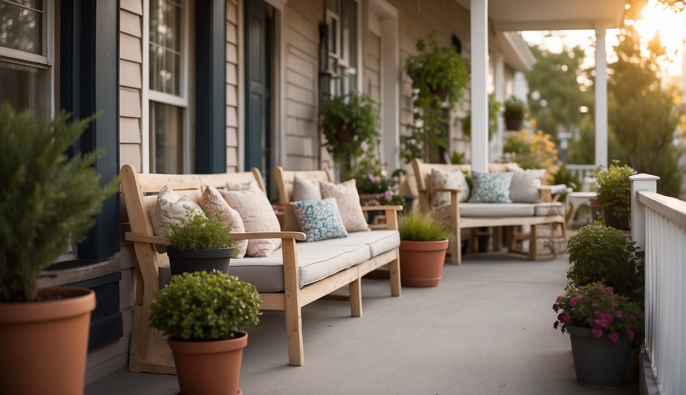 The front porch is adorned with potted plants, cozy seating, and soft lighting, creating a warm and inviting atmosphere for spring relaxation