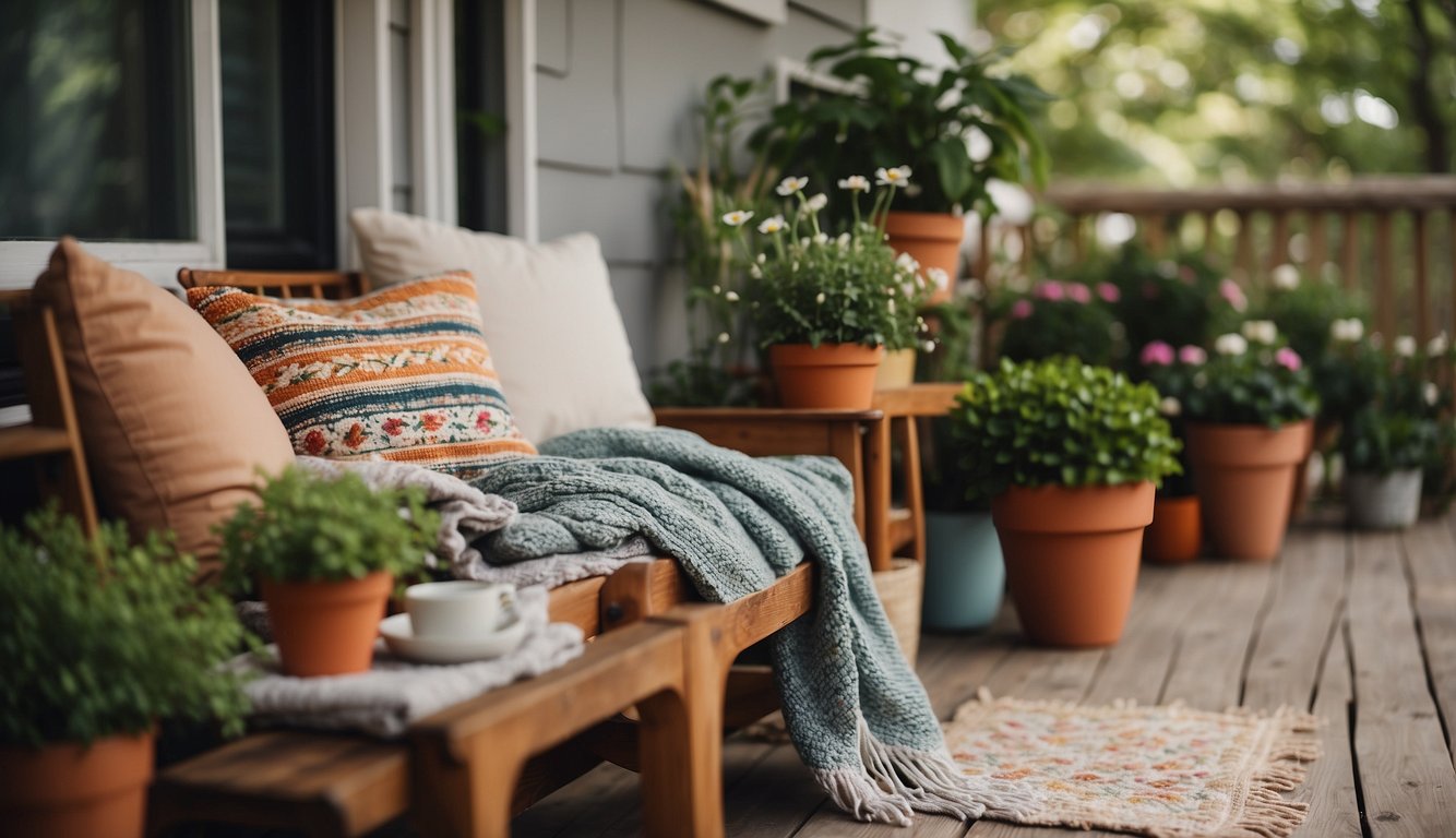 A porch adorned with potted plants, colorful cushions, and string lights. A small table set with a vase of fresh flowers and a cozy throw blanket draped over a chair