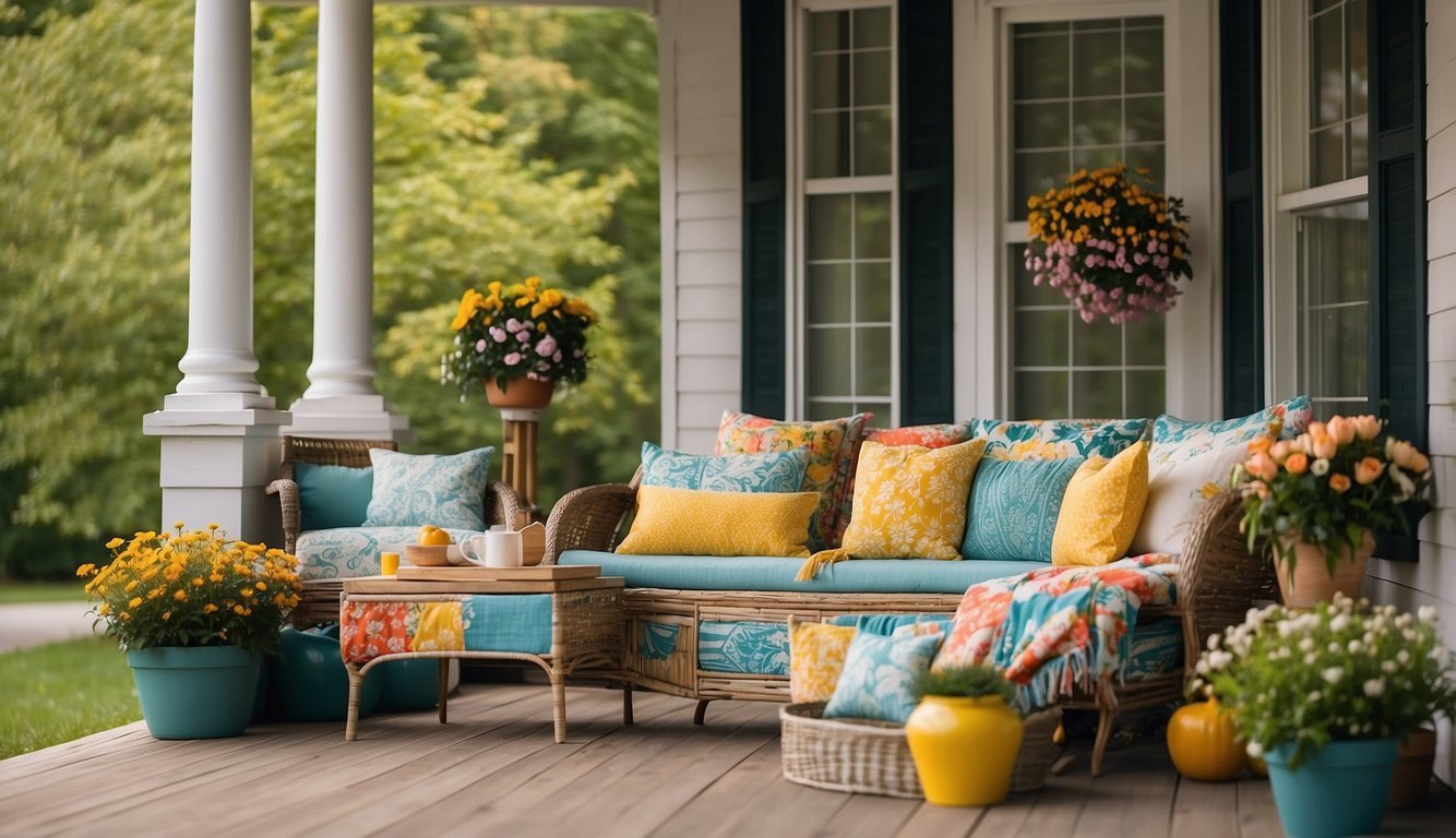 A porch adorned with vibrant spring colors and patterns, featuring cozy decor ideas for the season
