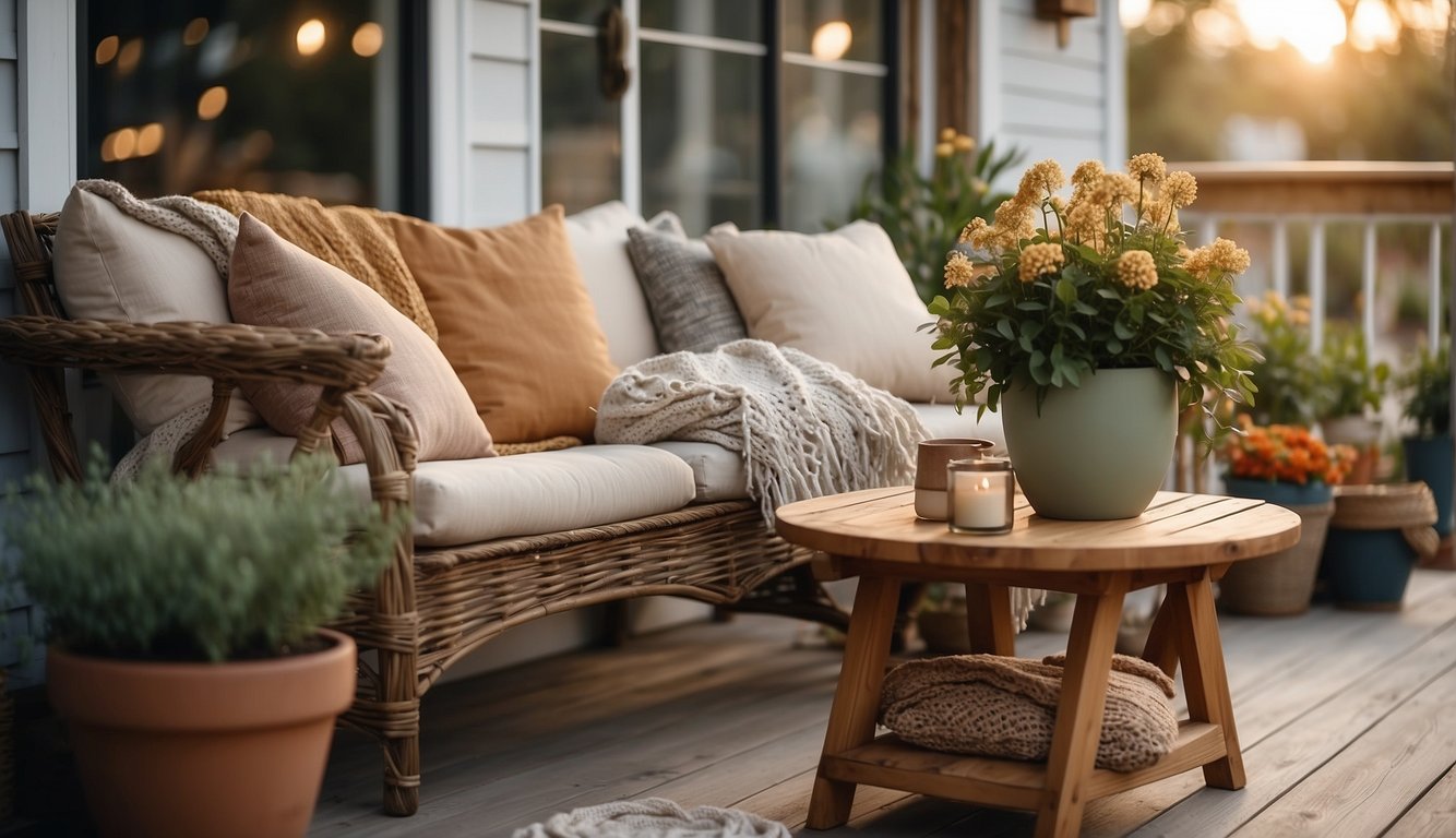 A porch with soft, warm lighting and cozy accessories like throw pillows, blankets, and potted plants. A small table with a vase of fresh flowers completes the inviting scene