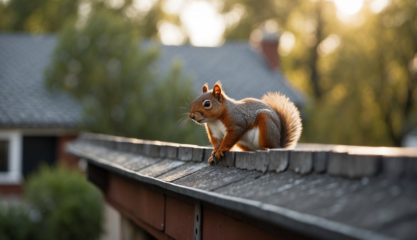 Squirrels climb on roof, enter gutters. Use mesh or gutter guards to block access