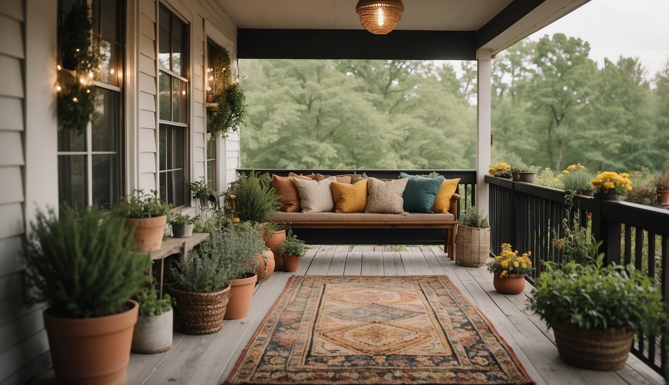 A cozy porch with DIY touches: hanging planters, colorful throw pillows, a vintage rug, string lights, a handmade welcome sign, and a small herb garden