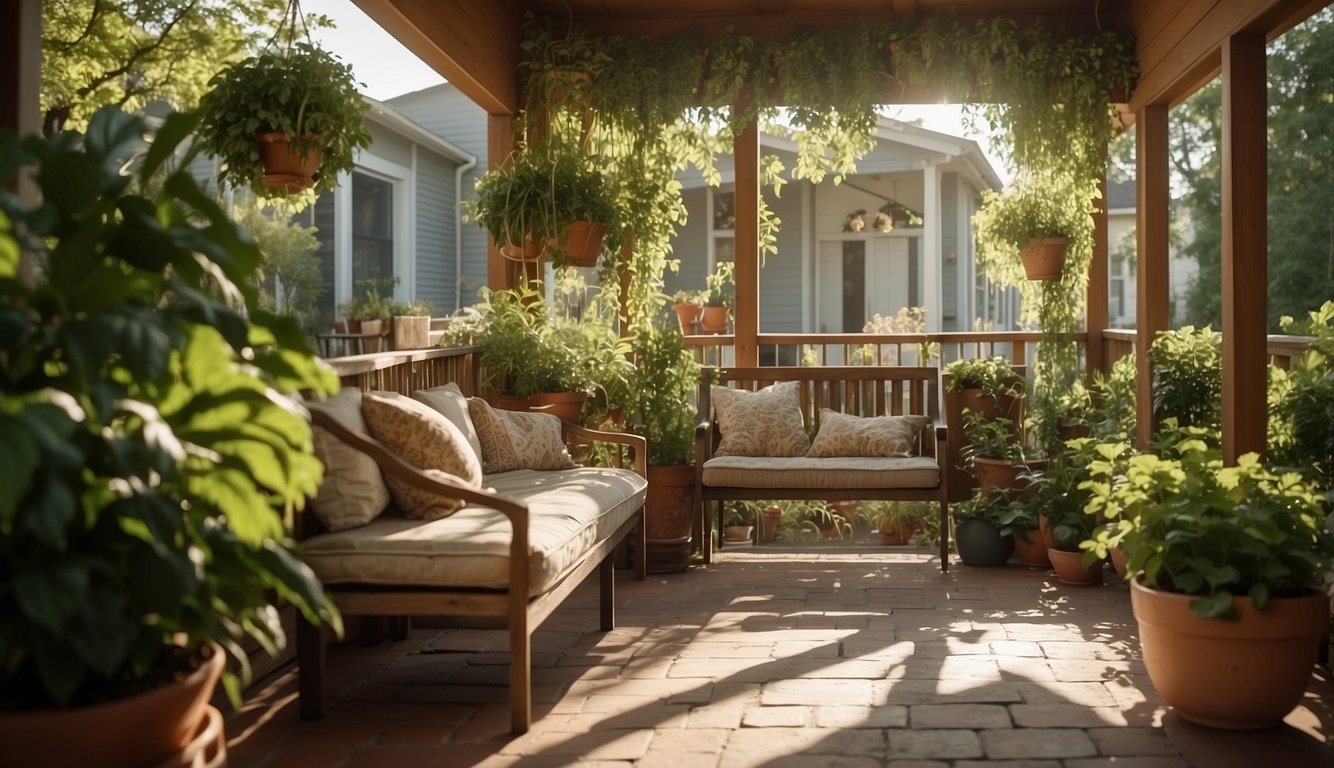 A porch adorned with potted plants, hanging baskets, and cozy seating. Sunlight filters through the leaves, creating dappled patterns on the floor. A gentle breeze rustles the greenery, adding a touch of tranquility to the scene