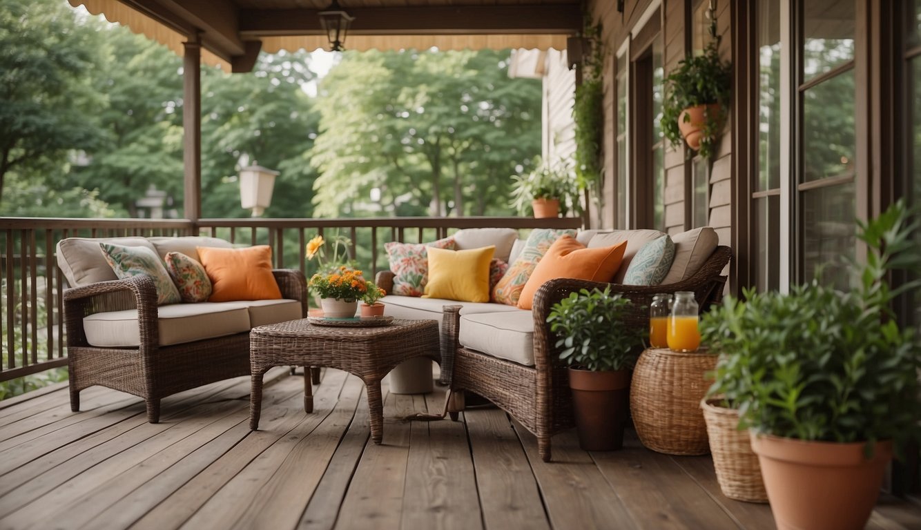 A small porch with a cozy seating area, colorful throw pillows, potted plants, a small table with refreshing drinks, and a decorative fan to beat the heat in style