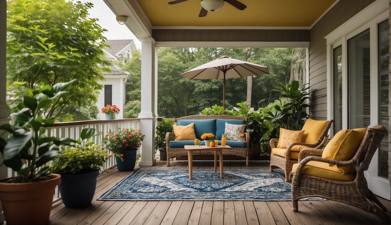 A small porch with a cozy seating area, potted plants, a colorful outdoor rug, and a ceiling fan to beat the summer heat in style