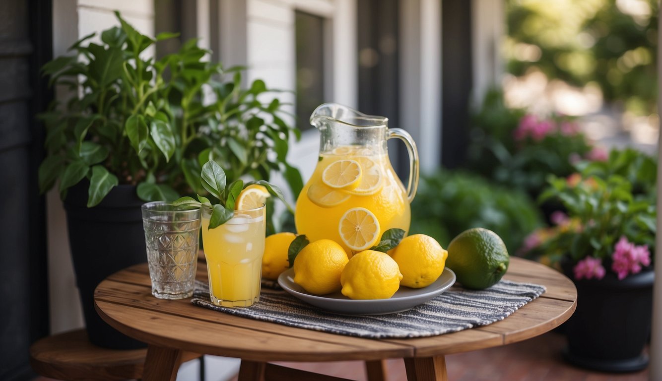 A small porch adorned with potted plants, colorful outdoor rugs, cozy throw pillows, a stylish outdoor fan, and a refreshing pitcher of lemonade on a small table