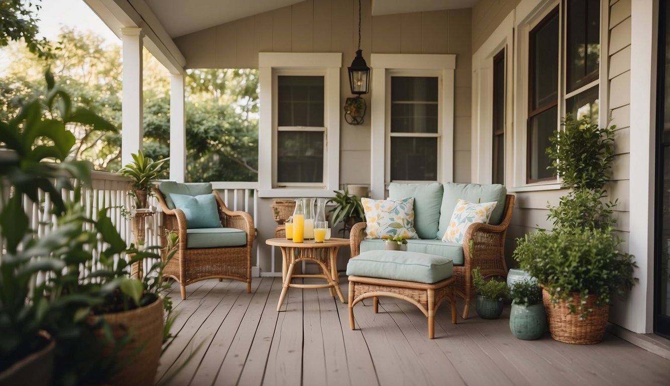 A small porch with potted plants, a cozy seating area, colorful throw pillows, a ceiling fan, and a refreshing pitcher of lemonade on a side table