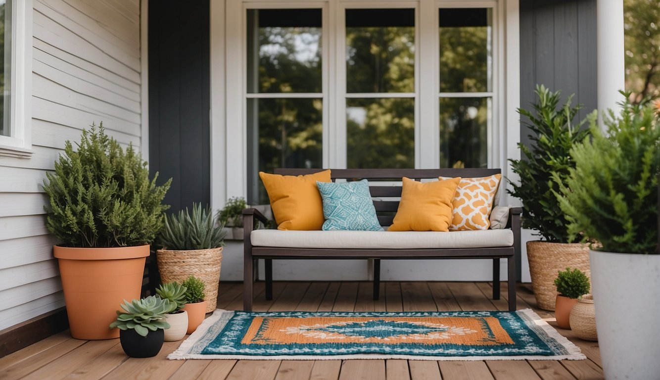A small porch with DIY decor, budget-friendly upgrades, and summer refresh ideas. Colorful outdoor rugs, potted plants, cozy seating, and stylish lighting