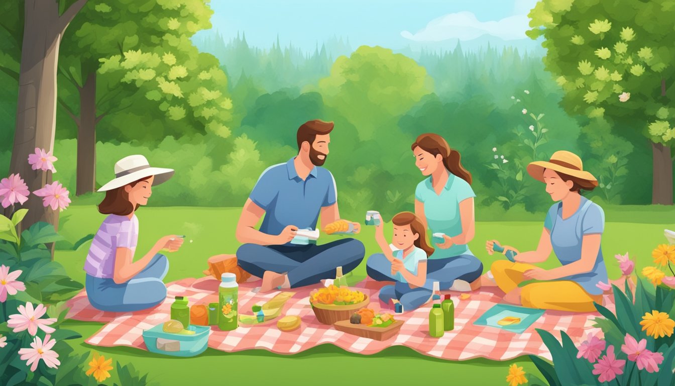 A family enjoying a picnic in a lush green park, surrounded by trees and flowers. They are wearing mosquito-repellent clothing and accessories while applying repellent products
