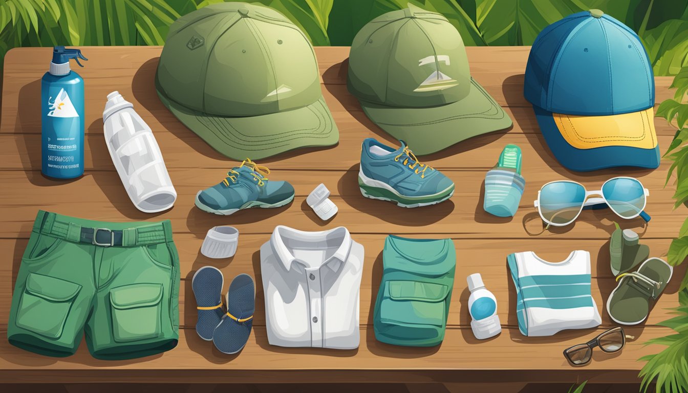 A table displaying various mosquito-repellent clothing and accessories for outdoor activities, including hats, shirts, pants, socks, and wristbands
