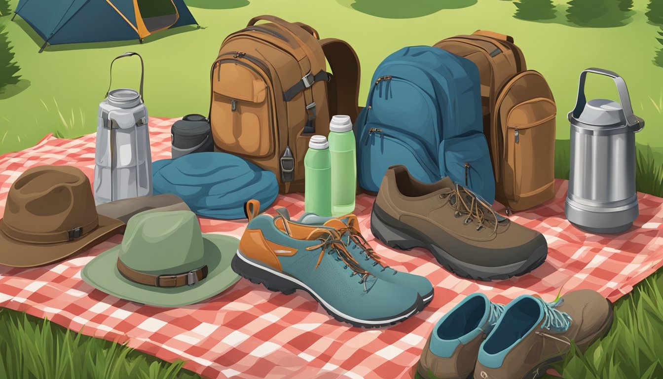 A picnic blanket surrounded by hiking boots, hats, and clothing items with mosquito-repellent properties. Nearby, a backpack and camping gear