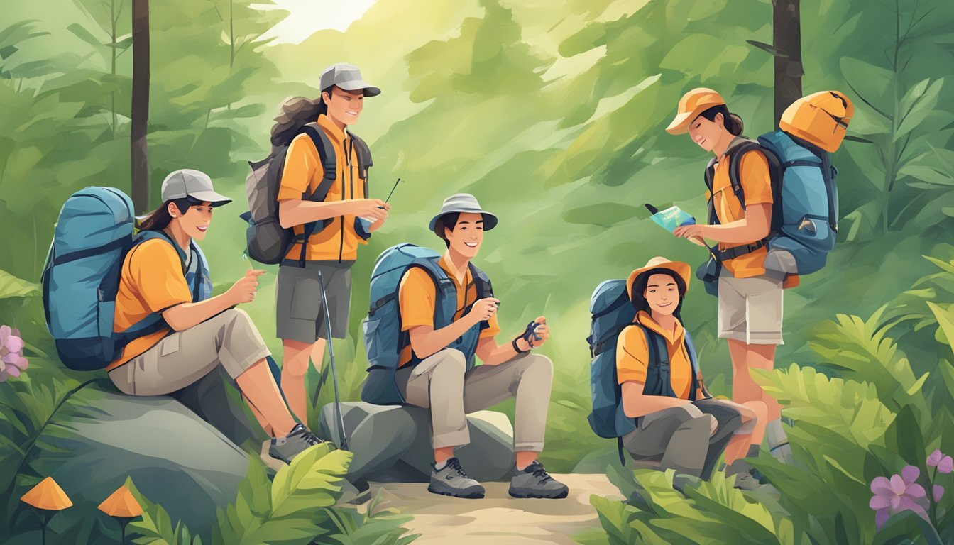 A group of outdoor enthusiasts wearing mosquito-repellent clothing and accessories while enjoying various outdoor activities