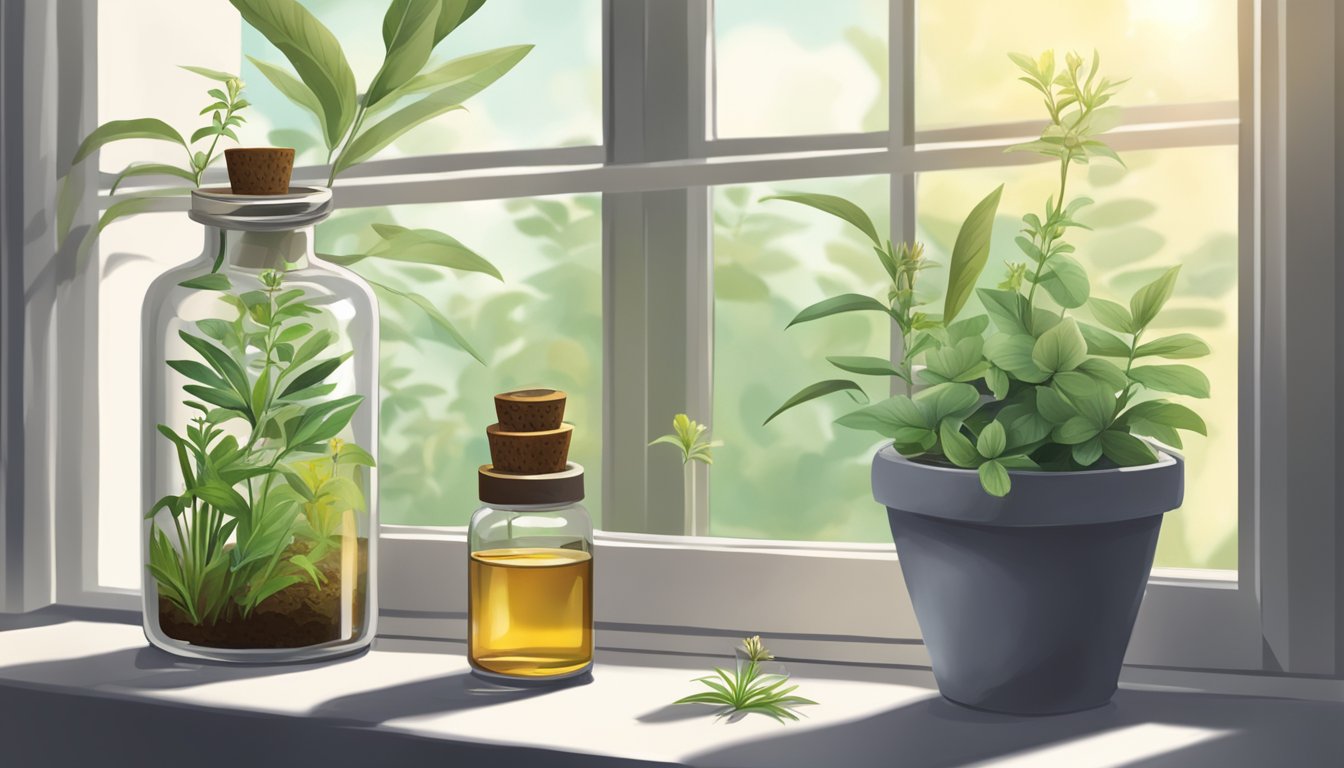 A bottle of essential oil sits on a windowsill, surrounded by plants. A mosquito hovers nearby but quickly flies away, deterred by the scent