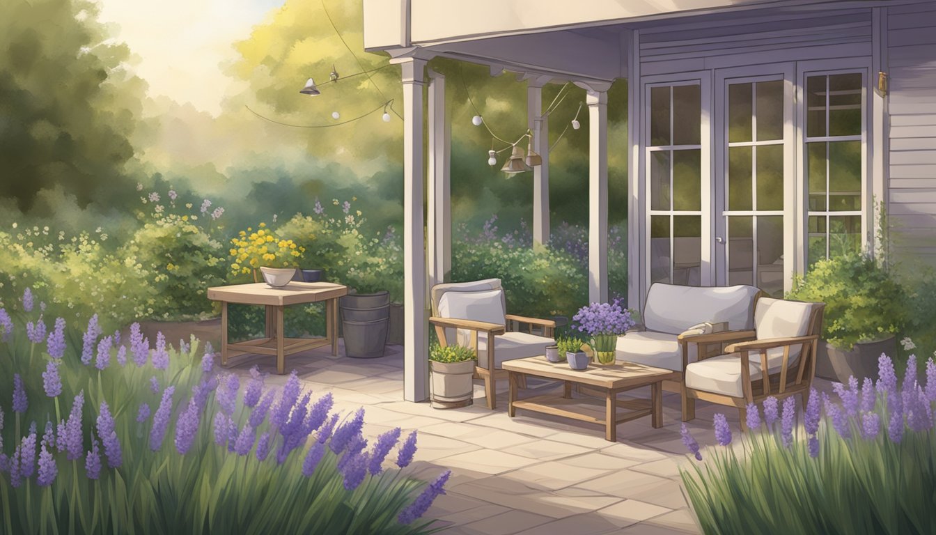 A serene garden with citronella plants, lavender bushes, and lemongrass growing around a cozy outdoor seating area. A gentle breeze carries the natural scents, keeping the area bug-free