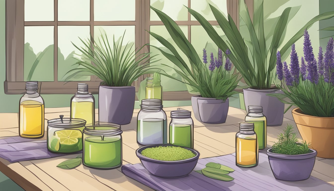 A table with various natural repellent products such as citronella candles, essential oils, and mosquito traps. Surrounding the table are plants like lavender and lemongrass, creating a bug-free environment