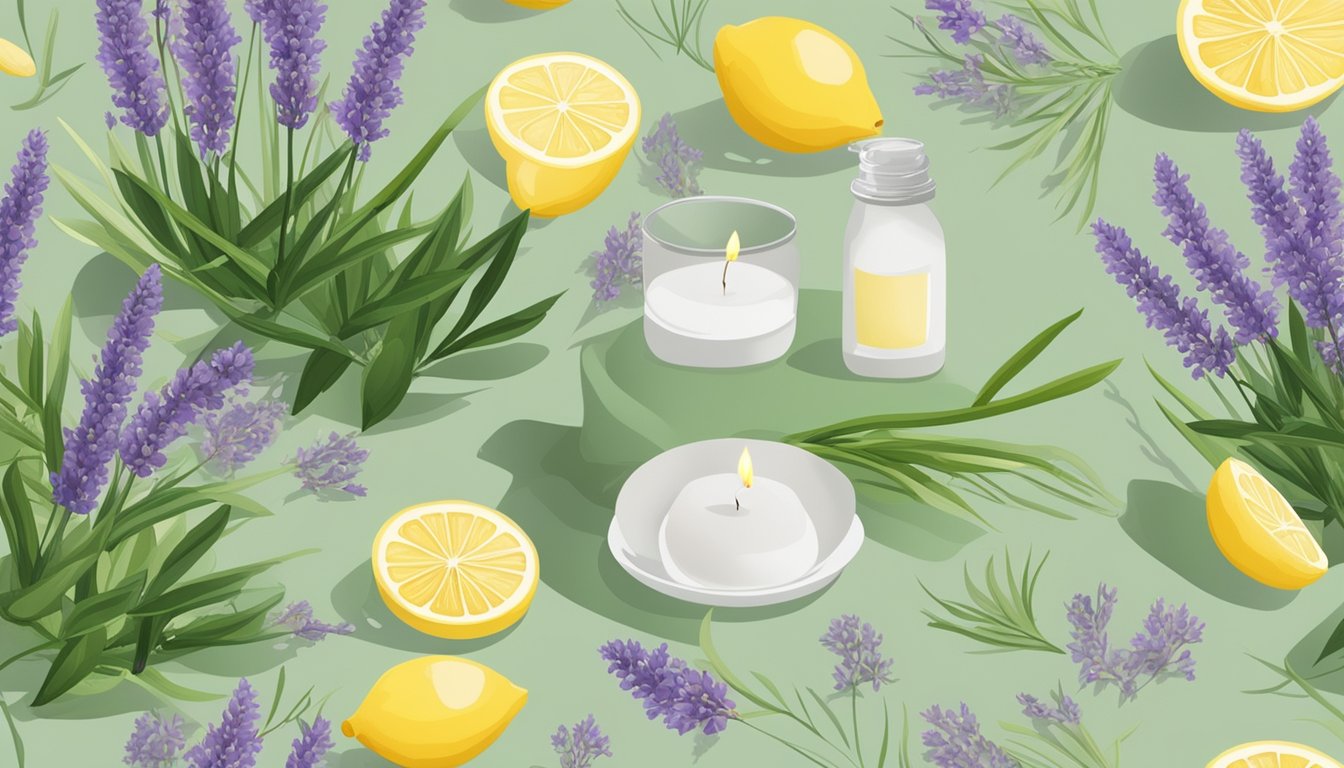 A table with various plant-based mosquito repellents, such as citronella candles, lemongrass oil, and lavender sprays, arranged in a natural setting with greenery and flowers