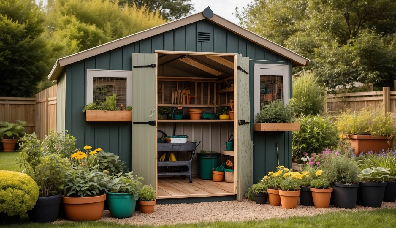 A garden shed with tools neatly organized, a sturdy fence surrounding the perimeter, and protective netting over raised garden beds