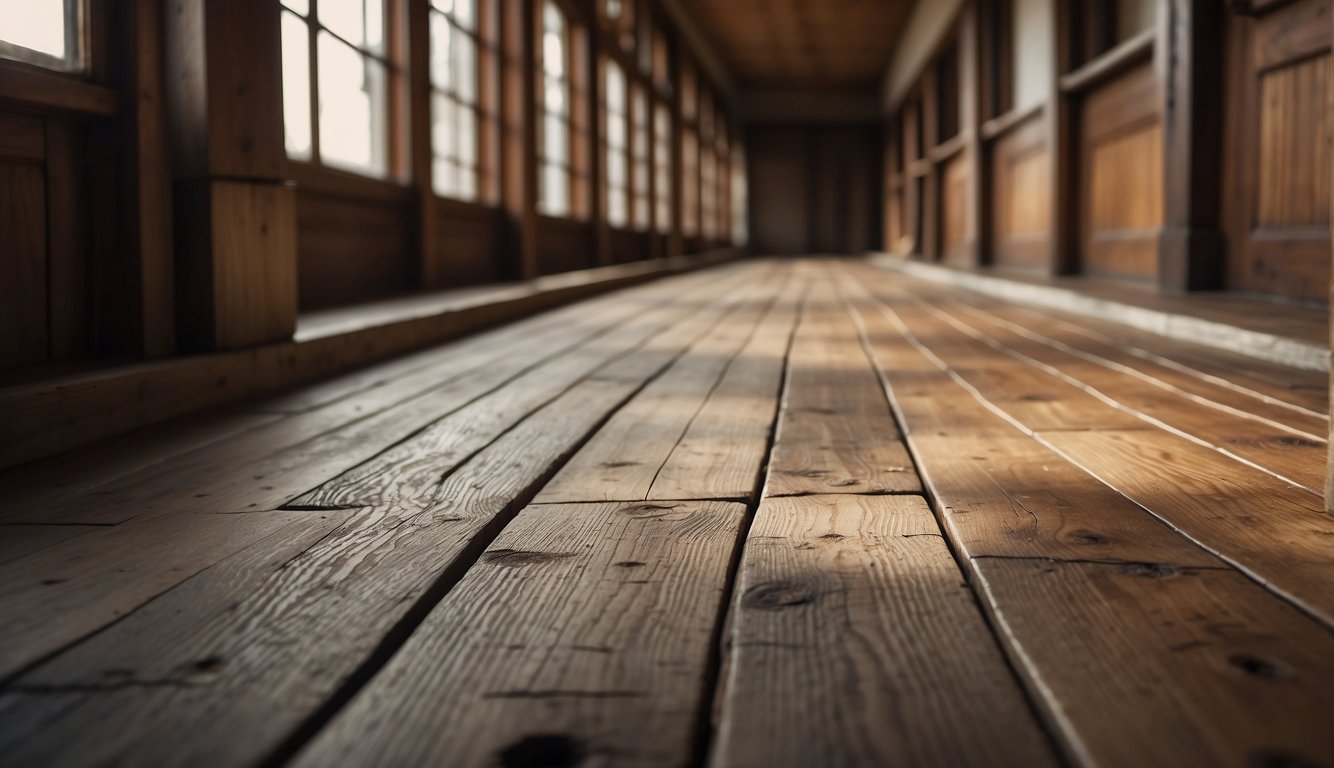 The old wooden floorboards groan and creak underfoot, echoing through the empty hallway