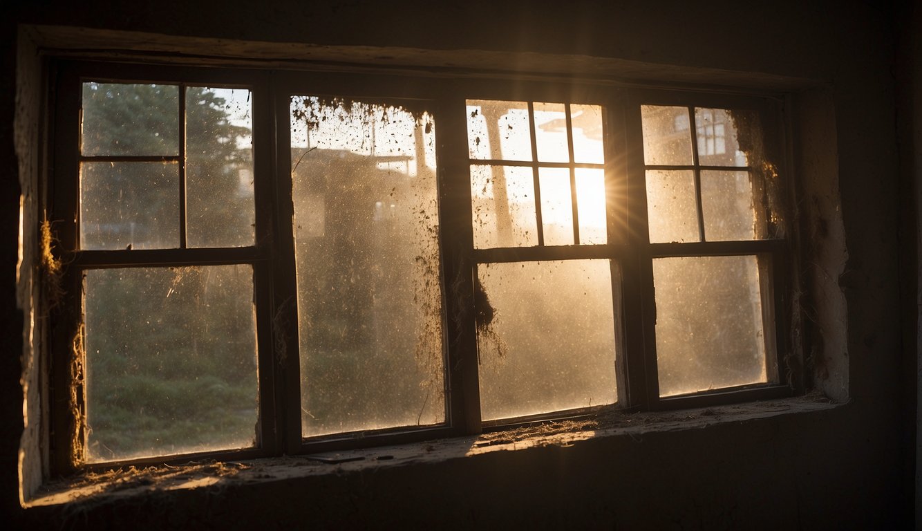 Sunlight streams through a dusty window, revealing a wooden frame with chipped paint. The window is stuck in the closed position, with dirt and debris wedged in the tracks