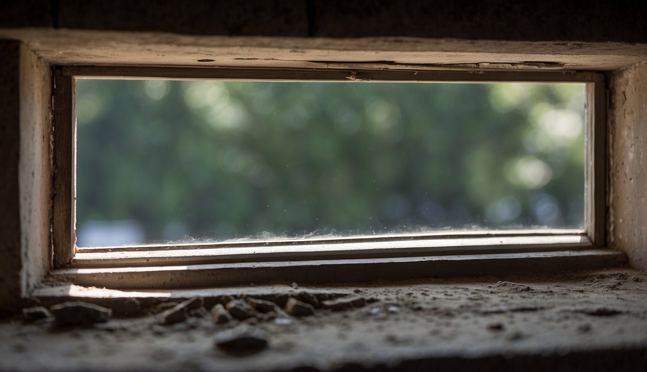 A window frame is shown with a visible gap between the window and frame. The window appears stuck and difficult to open