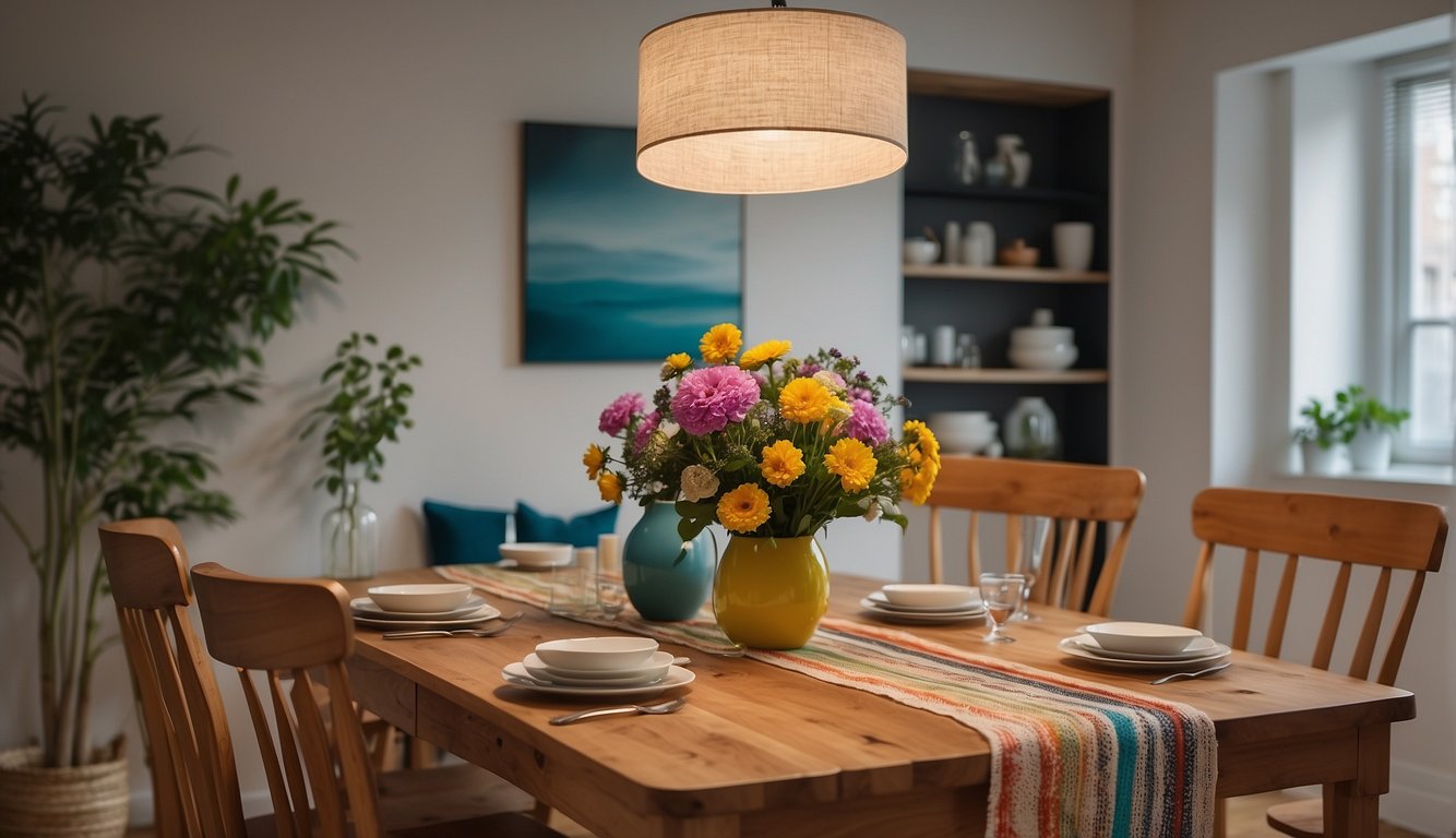 A dining area with a simple wooden table and chairs, adorned with a colorful table runner and a vase of fresh flowers. Shelves display budget-friendly decor and a statement light fixture hangs above the table