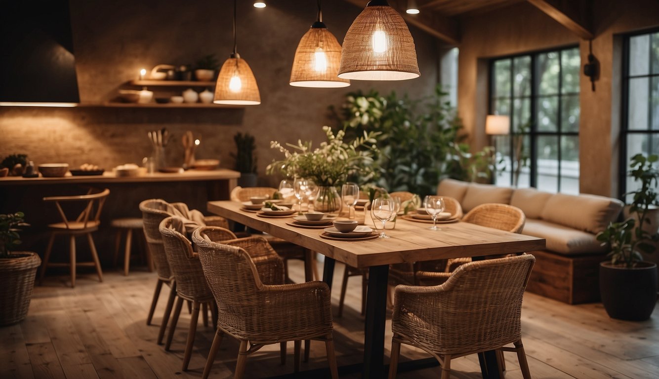 A cozy dining area with warm, soft lighting. Earthy tones and natural textures create a relaxed ambiance. Simple, budget-friendly decor updates like rustic tableware and botanical accents add charm