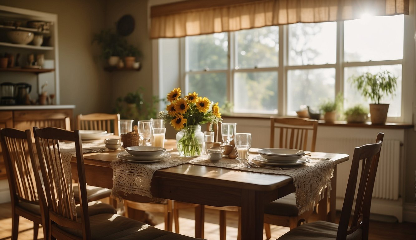 A dining table surrounded by mismatched chairs, adorned with handmade table runners and DIY centerpieces. Shelves display thrifted dinnerware and framed family recipes. Sunlight streams in through open curtains