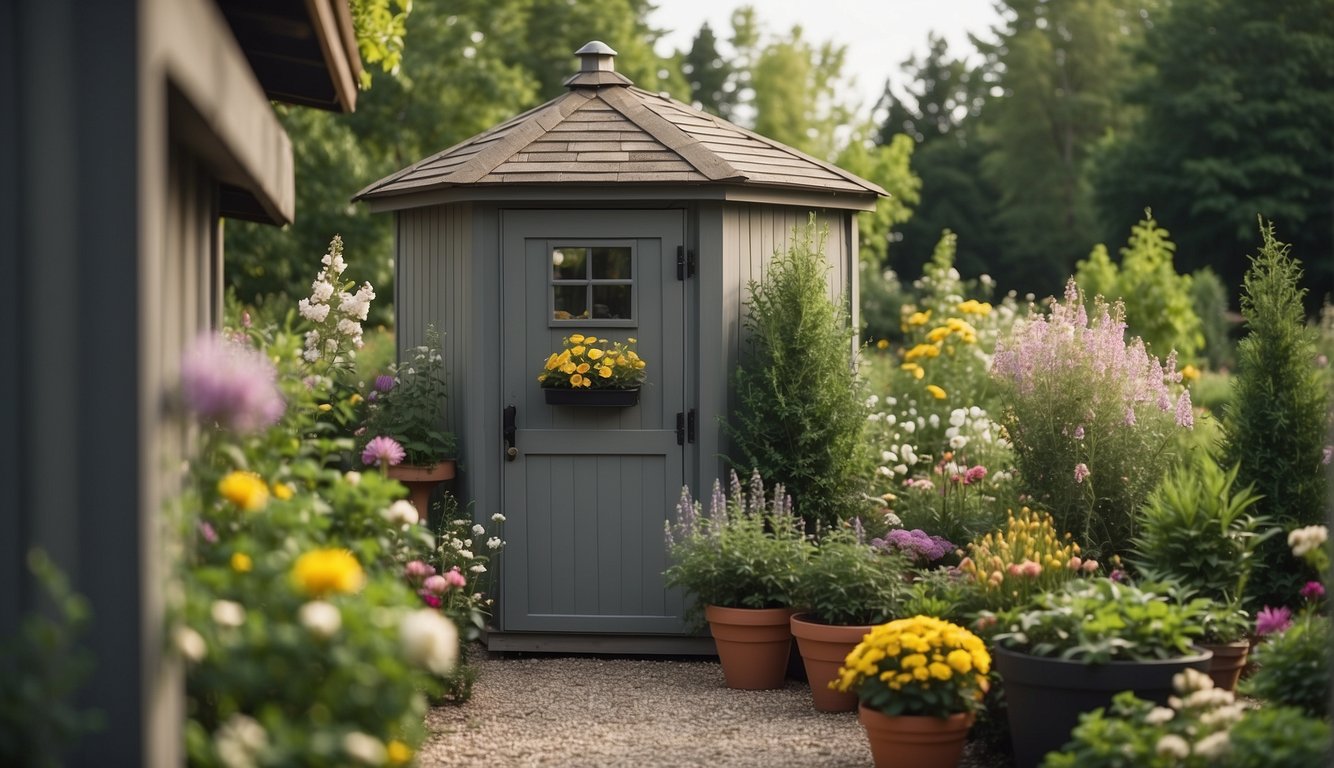A serene garden with blooming flowers, a neatly organized tool shed, and a clean outdoor space ready for planting and gardening