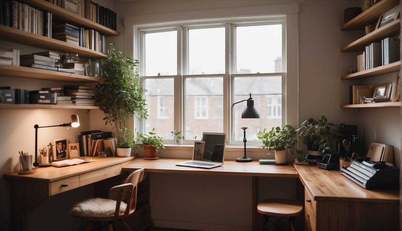 A cozy corner of a room with a desk, chair, and shelves. Natural light streams in through a window. Budget-friendly decor and organization tools create a functional and inspiring home office space