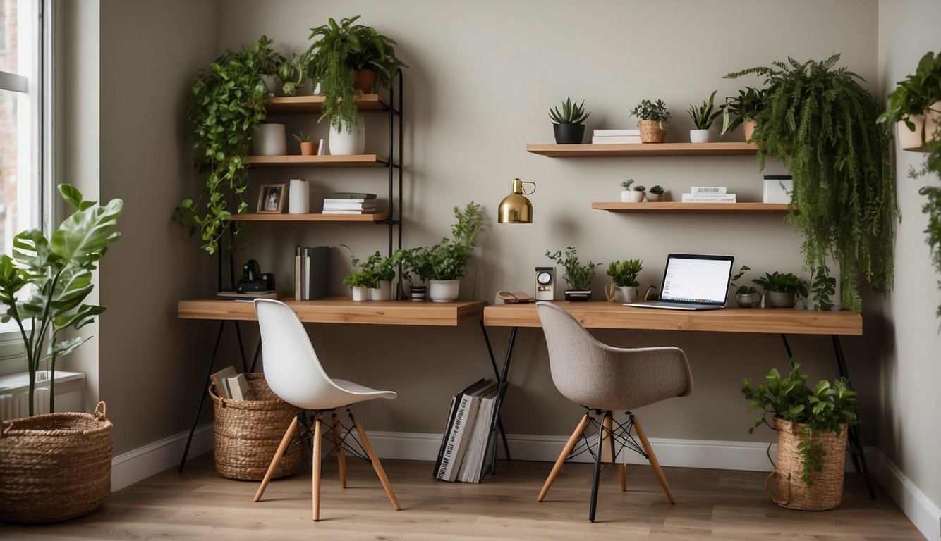 A cozy, well-lit room with a desk, chair, and shelves. Neutral wall colors and pops of greenery create a calming atmosphere. A laptop and office supplies are neatly arranged on the desk