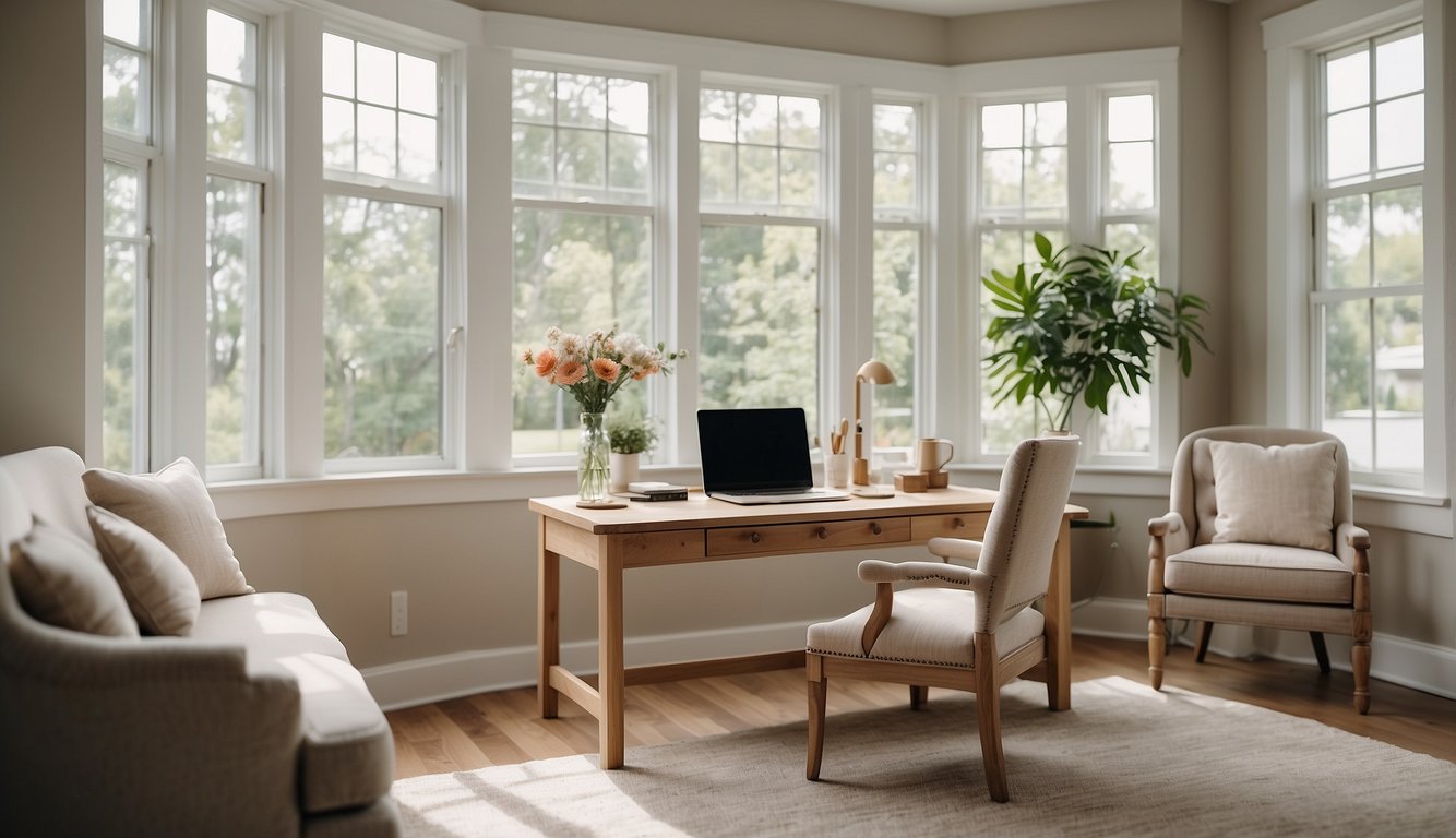 A bright, well-lit home office with natural light streaming in through large windows. Soft, neutral colors on the walls and furniture create a calm and inviting atmosphere