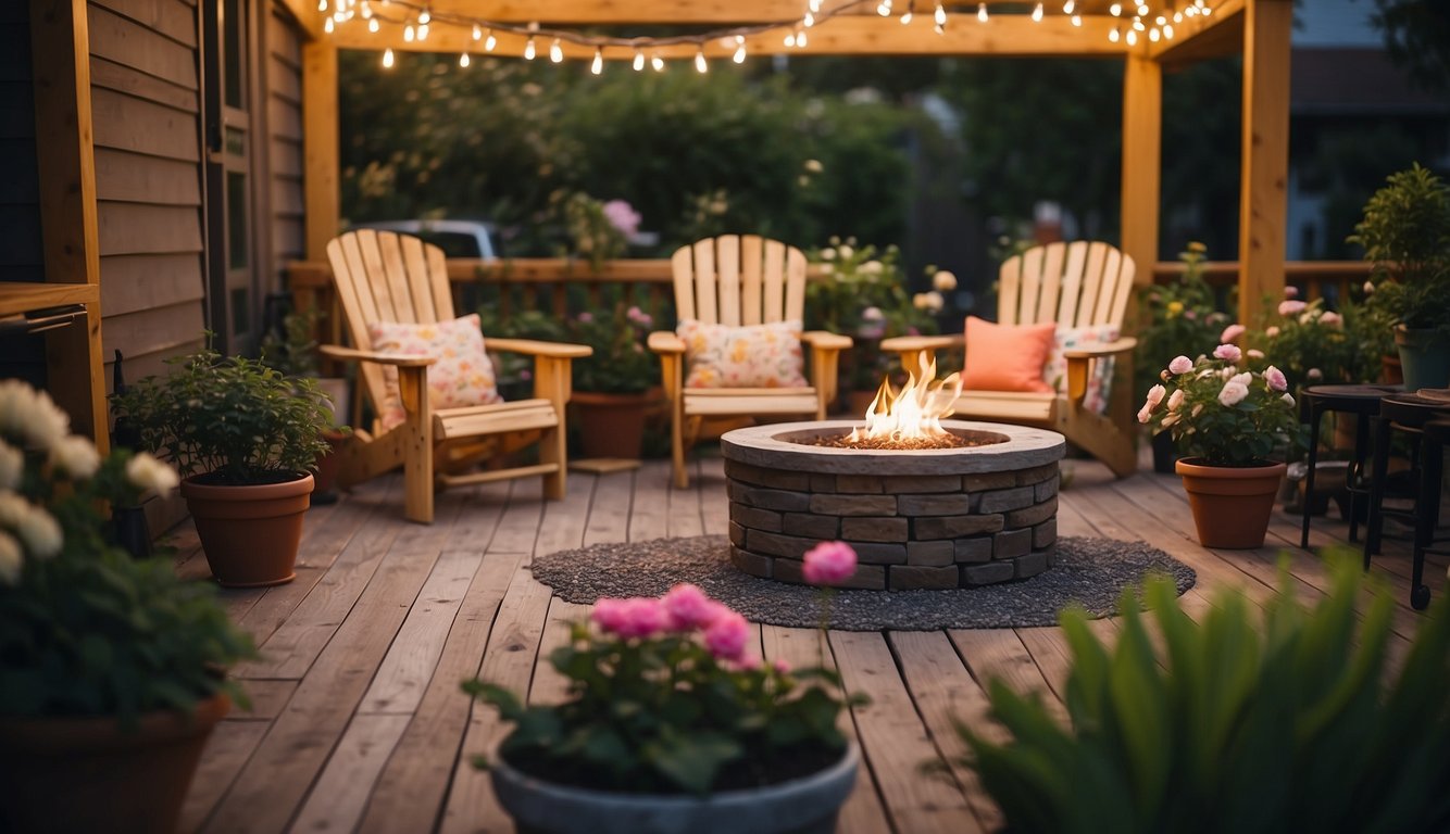 A small backyard with a wooden deck, potted plants, and string lights. A DIY fire pit surrounded by Adirondack chairs. A raised garden bed with colorful flowers