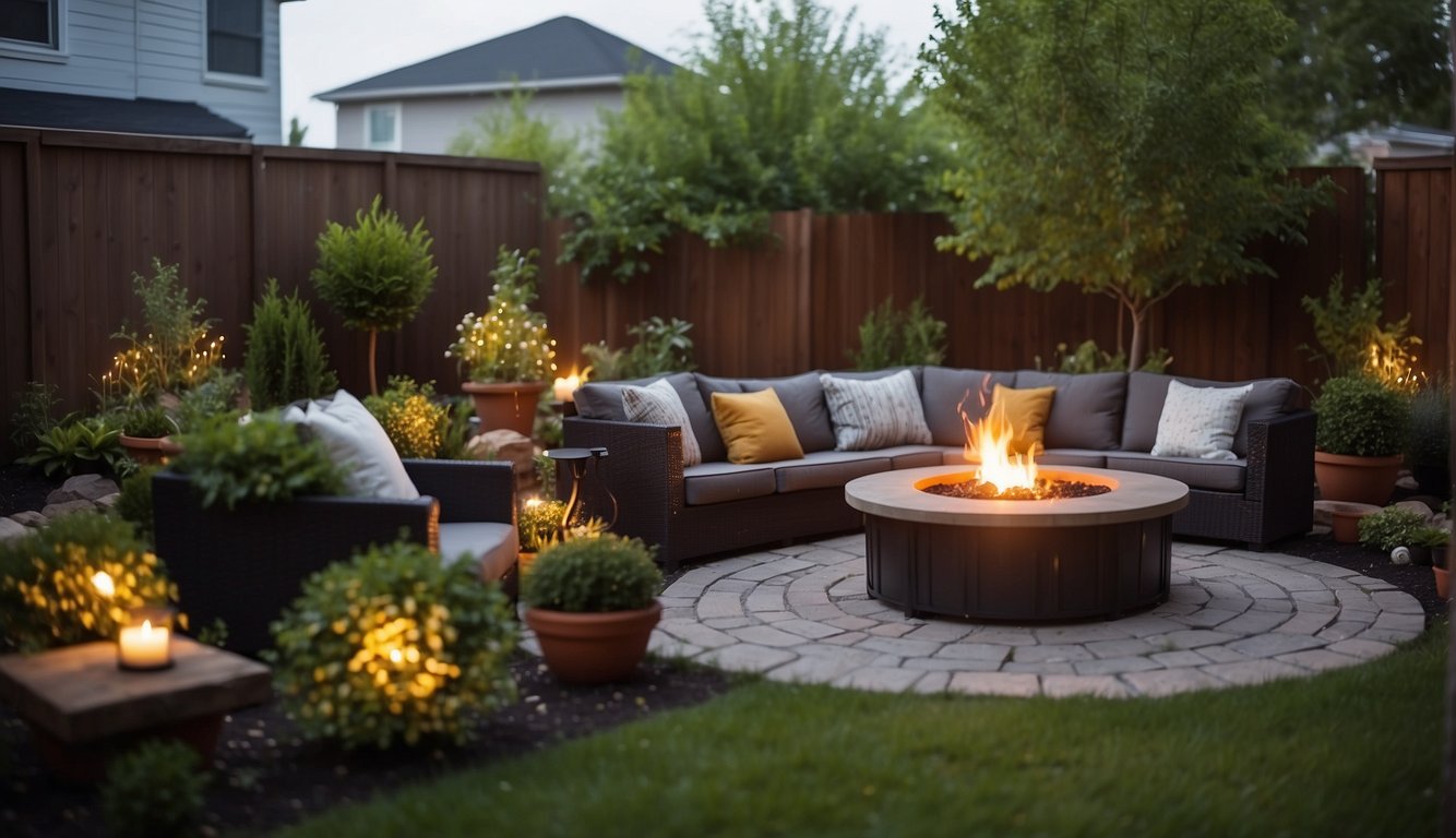 A small backyard with a cozy seating area, a DIY fire pit, and raised garden beds. Budget-friendly decor and lighting complete the inviting space
