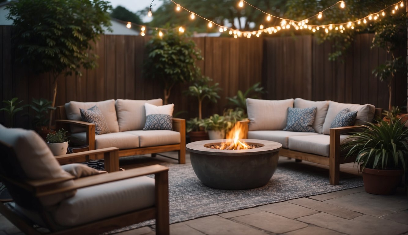 A cozy backyard with simple, stylish outdoor furniture, potted plants, and string lights. A small fire pit surrounded by comfortable seating completes the inviting space