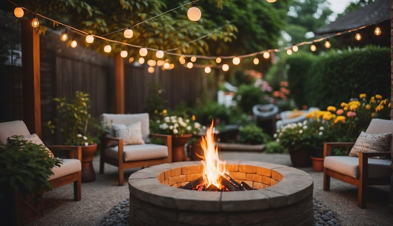 A cozy backyard with a fire pit, comfortable seating, and string lights, surrounded by lush greenery and colorful flowers