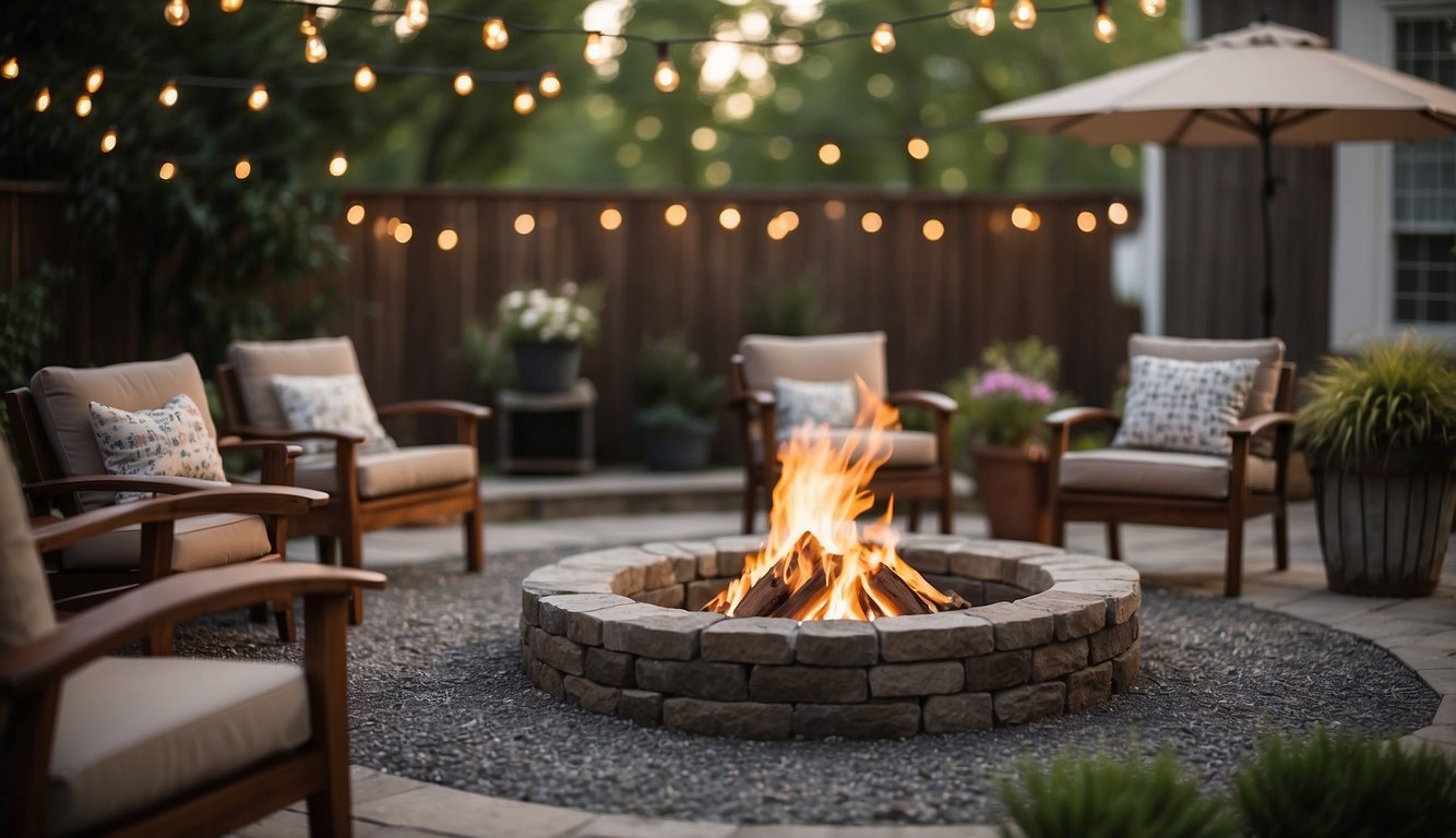 A backyard with versatile features for all seasons: a fire pit surrounded by cozy seating, a covered patio for year-round use, and space for a garden or outdoor games