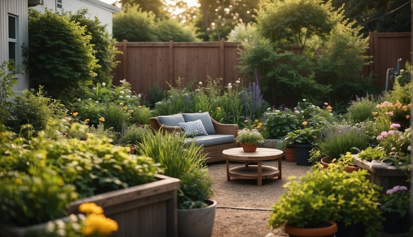 A lush garden thrives with vibrant green plants and flowers, surrounded by budget-friendly backyard updates like a cozy seating area and a DIY vegetable garden