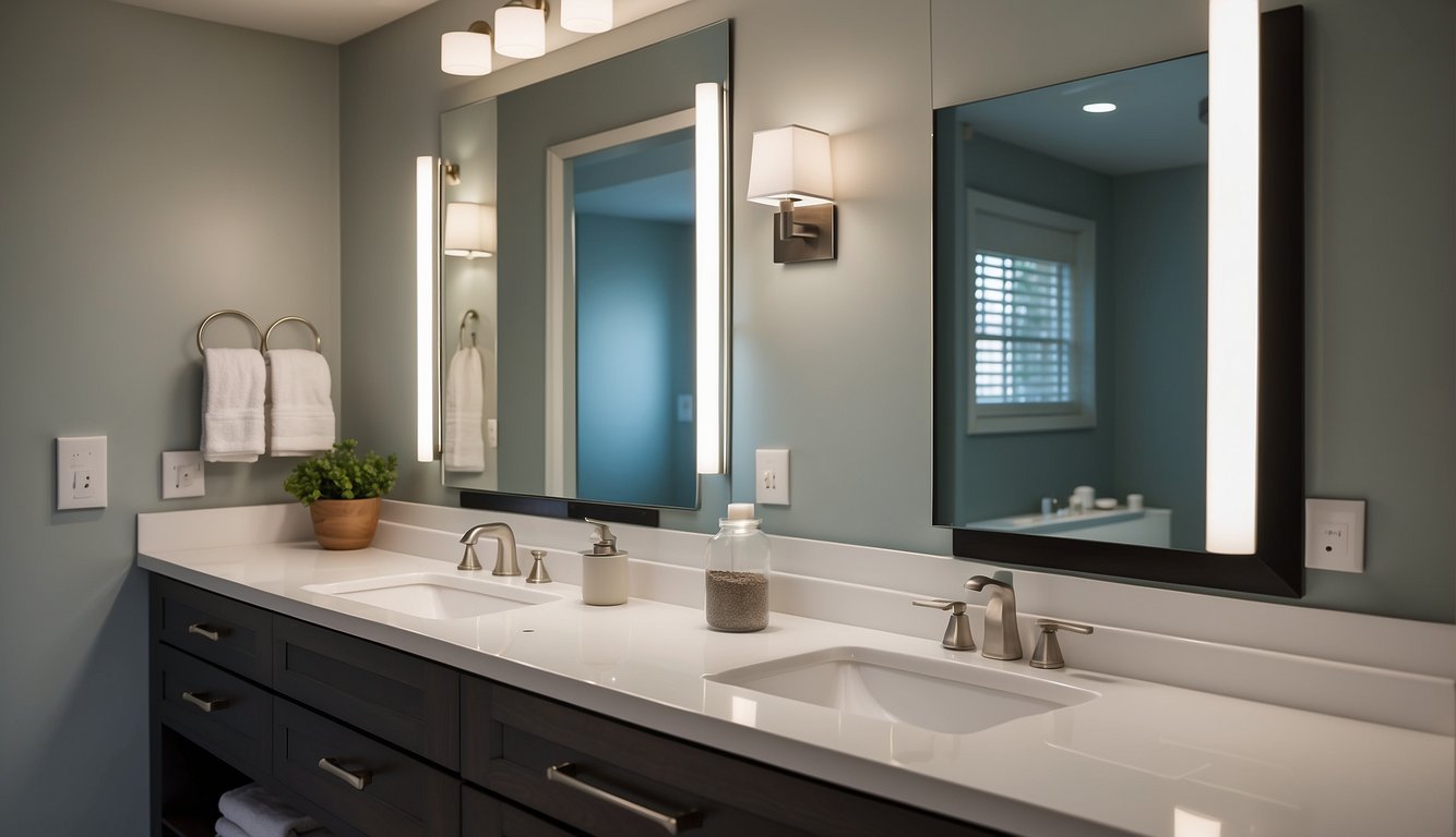 A bathroom with new fixtures, fresh paint, and updated hardware. Bright lighting and clean lines create a modern, inviting space
