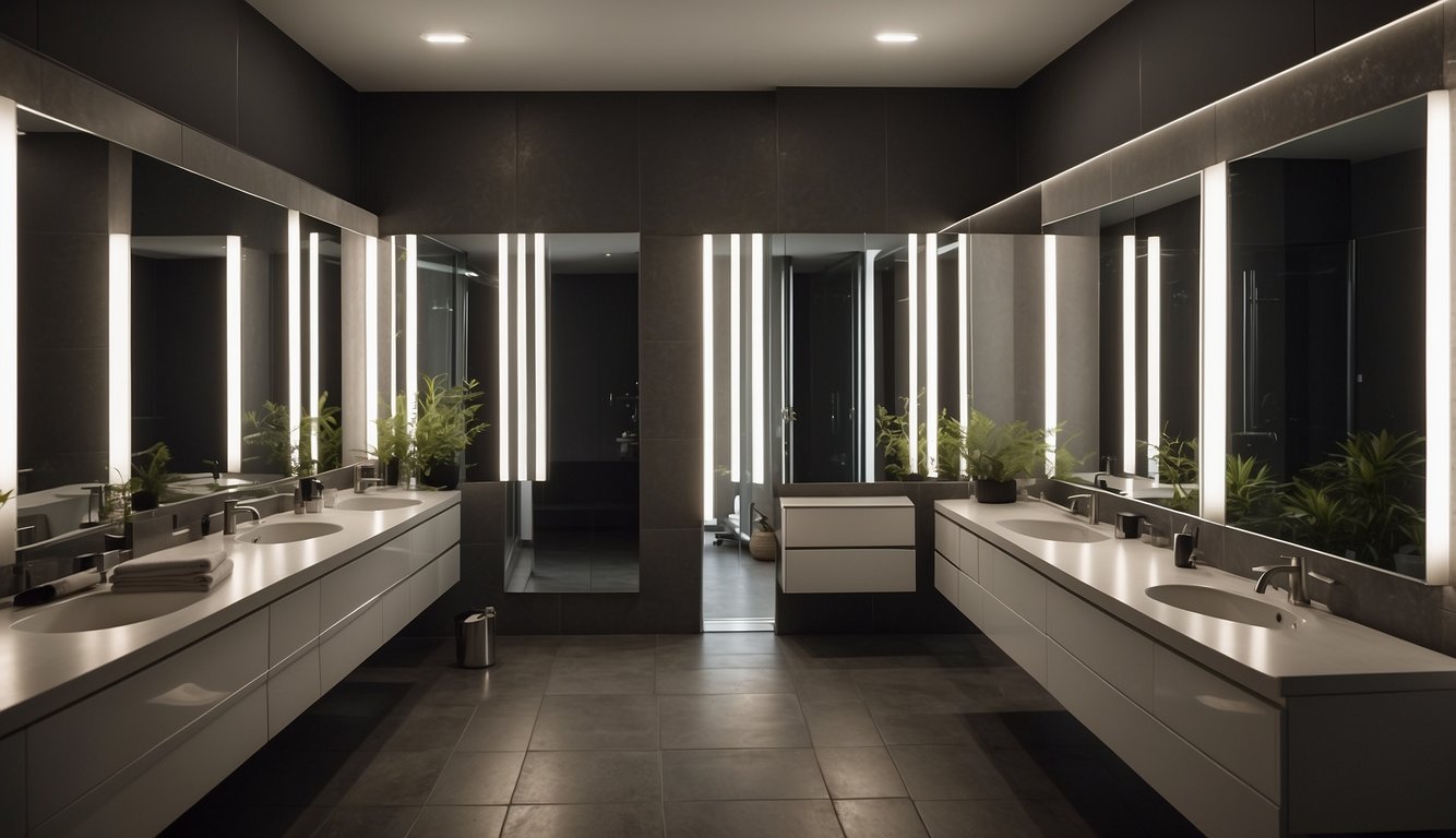 A bathroom with multiple mirrors reflecting enhanced lighting, creating a bright and spacious atmosphere
